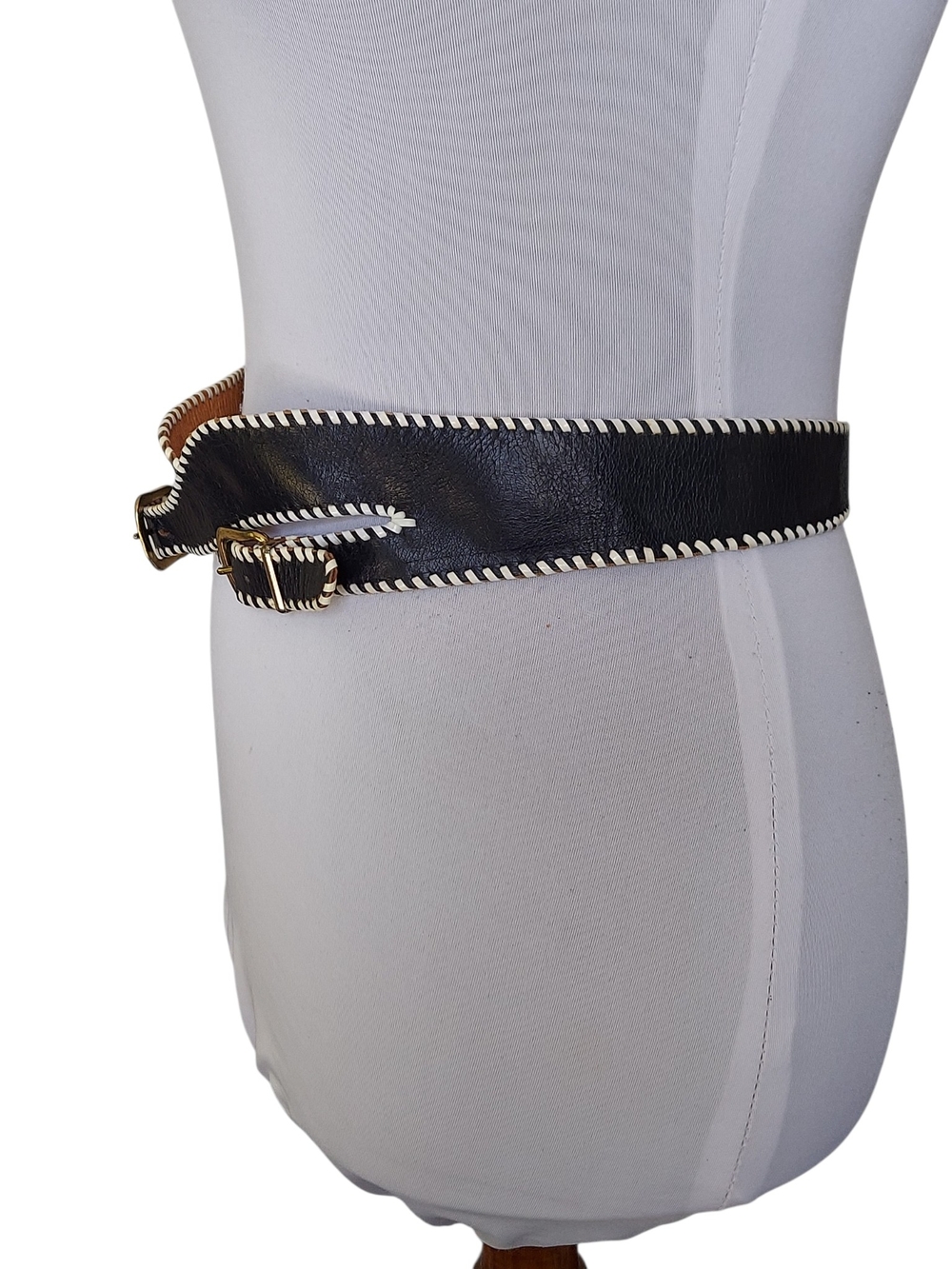 Vintage Navy Blue Leather White Whipstitch Double Buckle Belt Coastal S/M - Picture 4 of 13